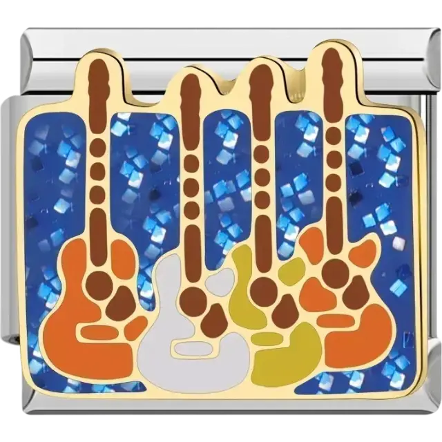 Gold charm featuring four colorful guitars with orange, white, and yellow accents set against a glittery blue background on a rectangular Italian charm bracelet link