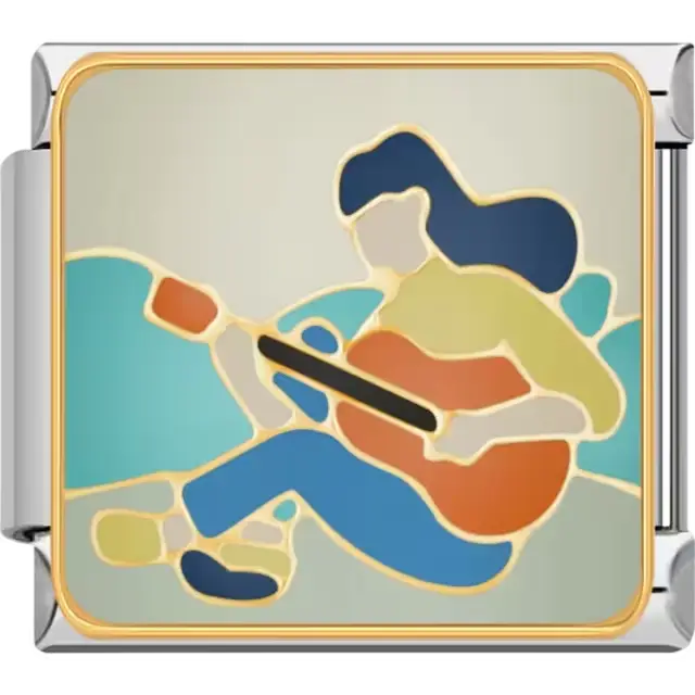 Woman playing an acoustic guitar while seated with a blue and teal wave design background Italian charm bracelet link
