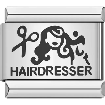 Black hairdresser figure with scissors, comb, and long flowing hair above bold "HAIRDRESSER" text Italian charm bracelet link