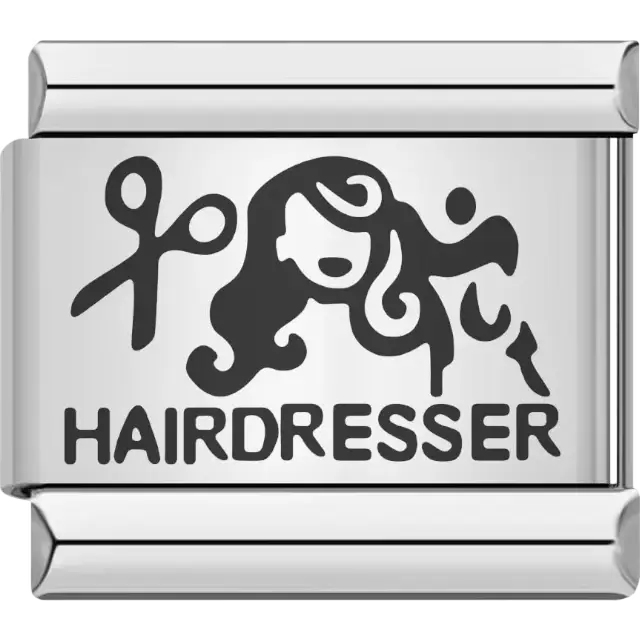 Black hairdresser figure with scissors, comb, and long flowing hair above bold "HAIRDRESSER" text Italian charm bracelet link