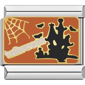 Haunted castle design with bats, a spiderweb, and "Halloween" text on an orange background Italian charm bracelet link