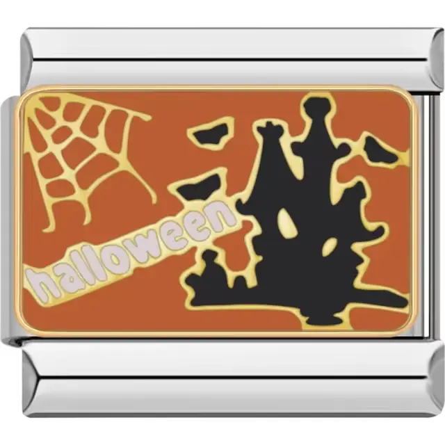 Haunted castle design with bats, a spiderweb, and "Halloween" text on an orange background Italian charm bracelet link