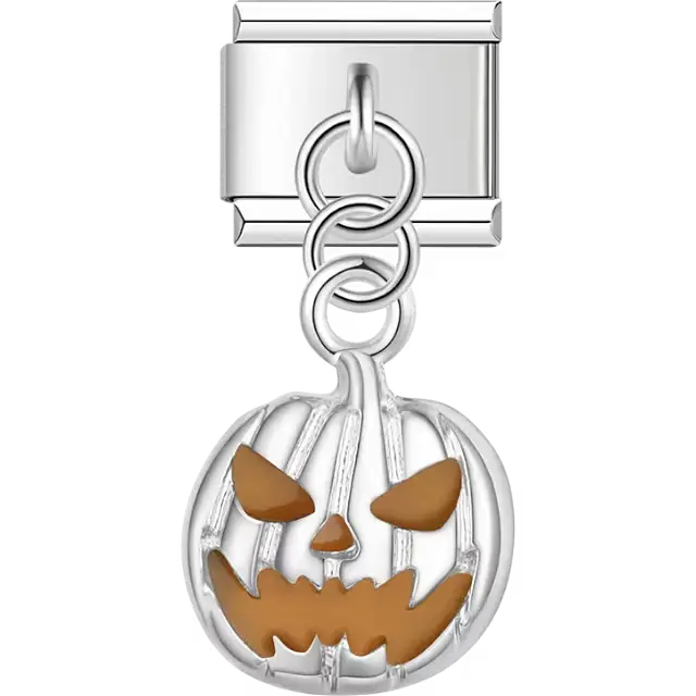 Silver pumpkin jack-o'-lantern dangle Italian charm bracelet link