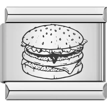 Black outline of a double-layer burger with lettuce cheese and sesame seed bun Italian charm bracelet link