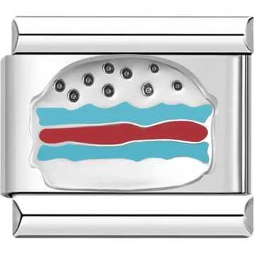 Classic hamburger design with a silver bun, red, yellow, and green toppings Italian charm bracelet link