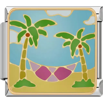 Purple hammock hanging between two green palm trees with a blue sky and gold details Italian charm bracelet link