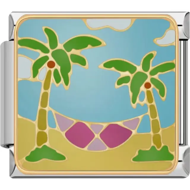 Purple hammock hanging between two green palm trees with a blue sky and gold details Italian charm bracelet link