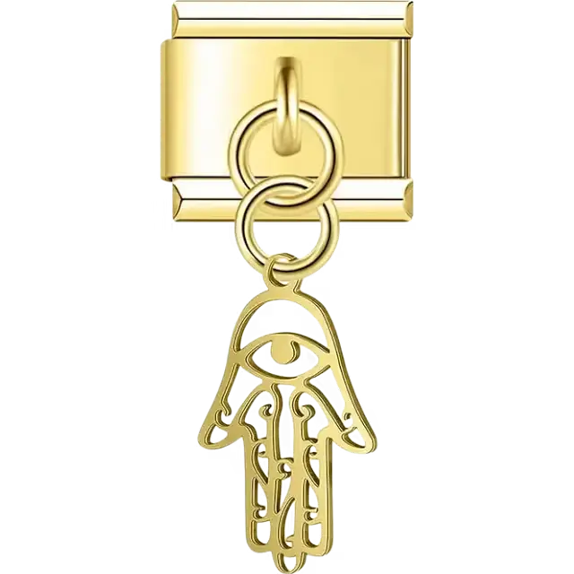 Hamsa hand-shaped dangle with eye and swirl details Italian charm bracelet link
