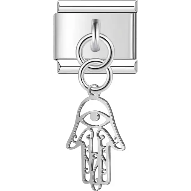 Hamsa hand-shaped dangle with eye and swirl details Italian charm bracelet link