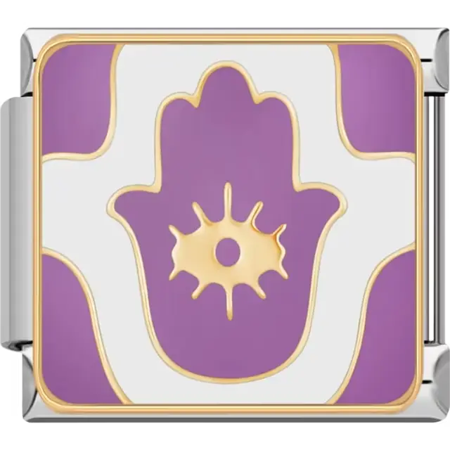 Purple and white Hamsa hand with gold outline and central sunburst Italian charm bracelet link