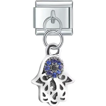 Hamsa hand design with blue crystals and intricate cutouts dangle Italian charm bracelet link