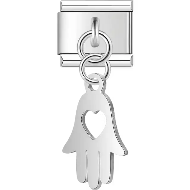 Hollow Hamsa hand with a heart cut-out and dangling piece Italian charm bracelet link