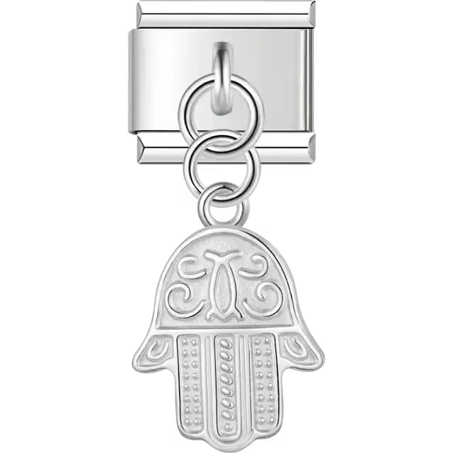 Silver hamsa hand protection symbol engraved pendant dangle Italian charm bracelet link
