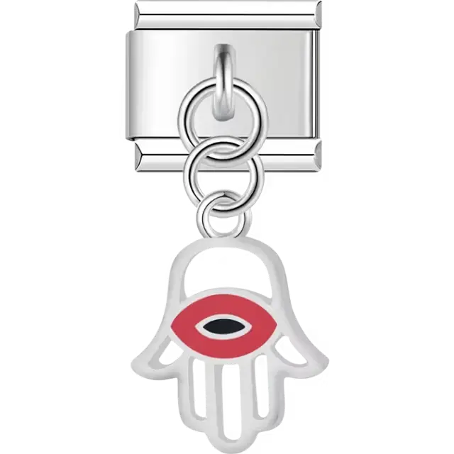 White hamsa hand red eye dangle Italian charm bracelet link