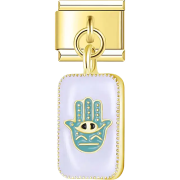 Light purple enamel rectangle with blue hamsa hand and eye symbol gold trim Italian charm bracelet link