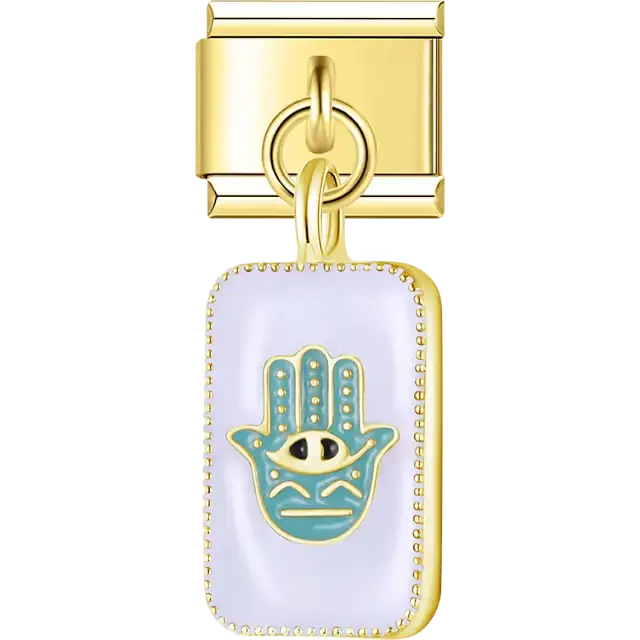 Light purple enamel rectangle with blue hamsa hand and eye symbol gold trim Italian charm bracelet link