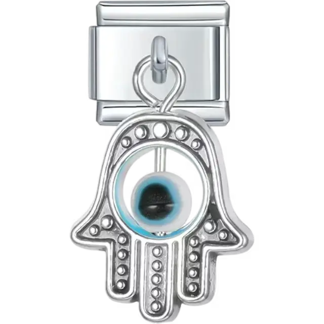 Dangling hamsa hand design with a detailed blue evil eye in the center Italian charm bracelet link