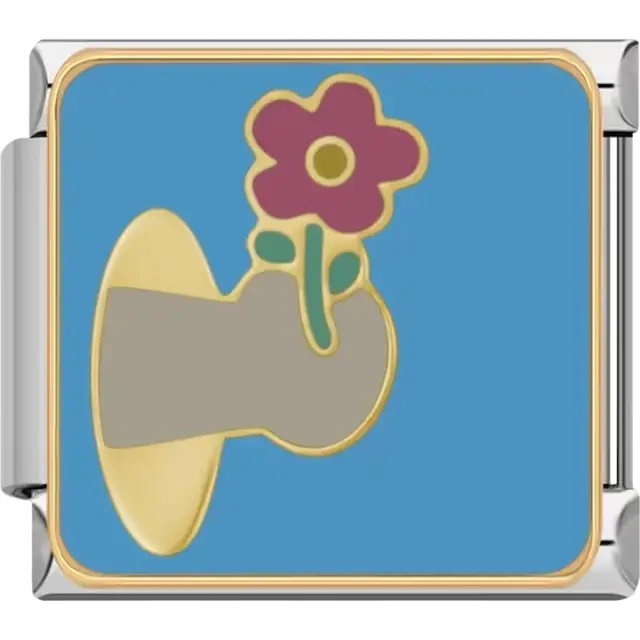 Gray hand holding a pink flower with green leaves on a blue background Italian charm bracelet link