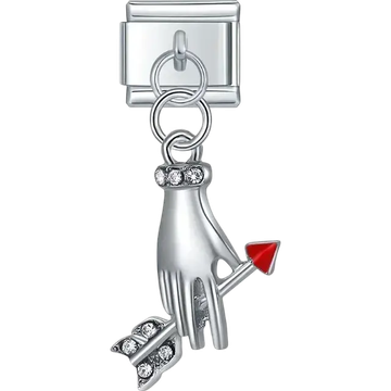 Silver hand with red-tipped arrow and clear crystals Italian charm bracelet link