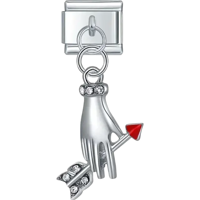Silver hand with red-tipped arrow and clear crystals Italian charm bracelet link