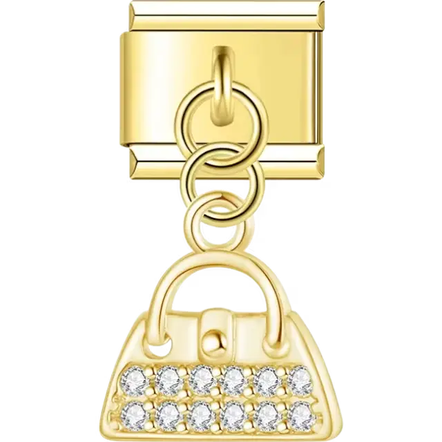 Dangling handbag with crystal accents Italian charm bracelet link