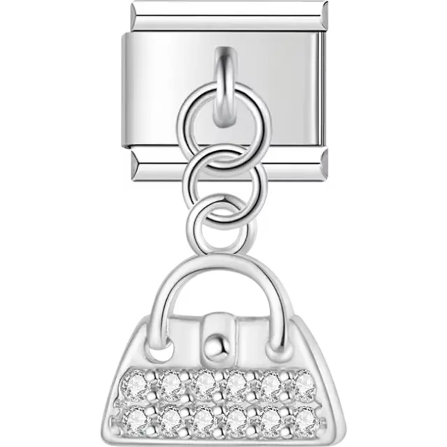 Dangling handbag with crystal accents Italian charm bracelet link