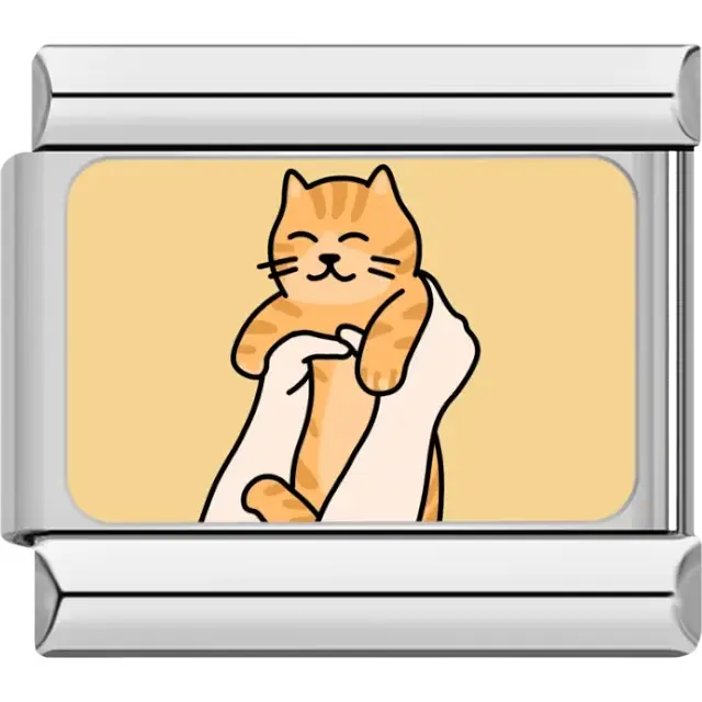 Orange tabby cat being held in two hands on a beige background Italian charm bracelet link