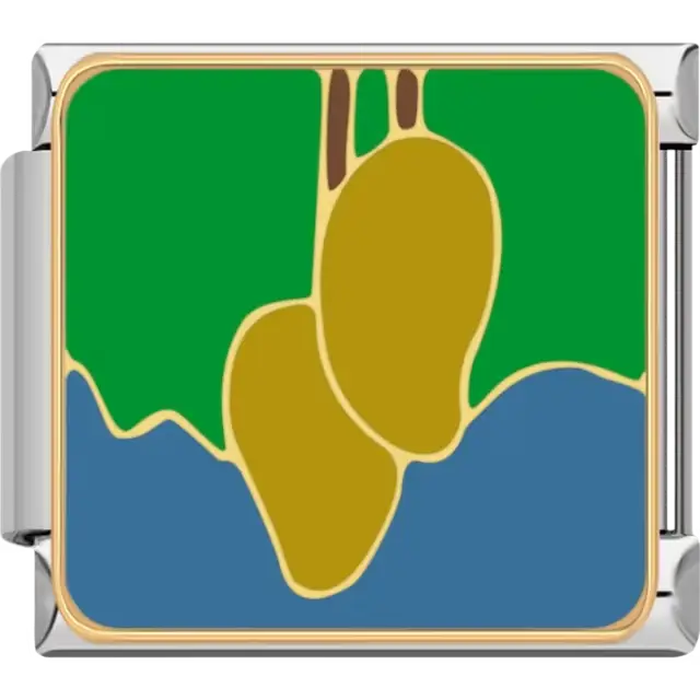 Cluster of golden yellow mangoes with brown stems and green leaves on blue background Italian charm bracelet link