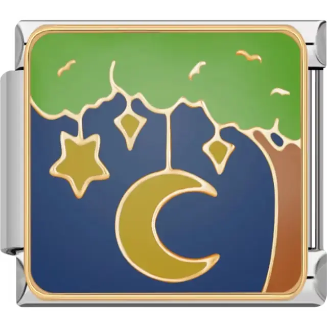 Gold moon and stars hanging from a green tree with a blue background Italian charm bracelet link