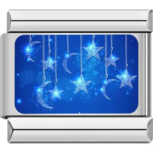 Glowing blue stars and crescent moons hanging on strings with a sparkling blue background Italian charm bracelet link