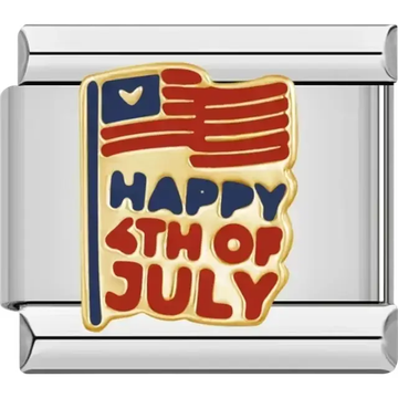 Gold flag with "Happy 4th of July" text in red and blue accents Italian charm bracelet link