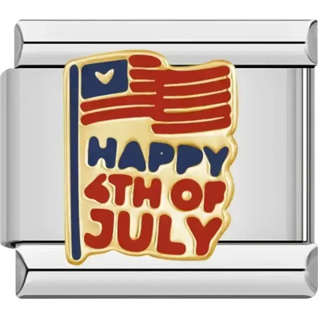 Gold flag with "Happy 4th of July" text in red and blue accents Italian charm bracelet link