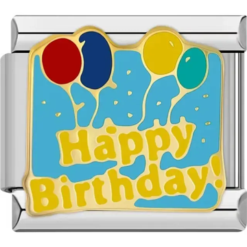 Happy Birthday text with colorful balloons on a blue background Italian charm bracelet link