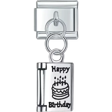 Happy birthday charm with a cake and candle design in a dangle style Italian charm bracelet link