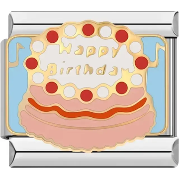 Colorful charm featuring a birthday cake with "Happy Birthday" written in gold and red decorations Italian charm bracelet link