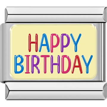 Colorful "Happy Birthday" text on a yellow background Italian charm bracelet link