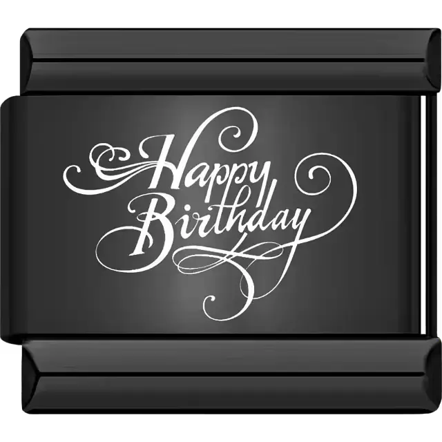 Black cursive "Happy Birthday" text with swirls Italian charm bracelet link