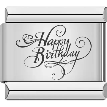 Black cursive "Happy Birthday" text with swirls Italian charm bracelet link
