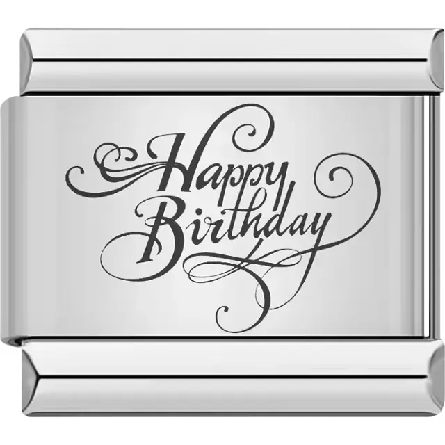 Black cursive "Happy Birthday" text with swirls Italian charm bracelet link
