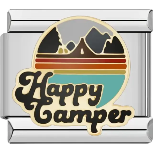 Black “Happy Camper” text with mountain tent and sunset details Italian charm bracelet link
