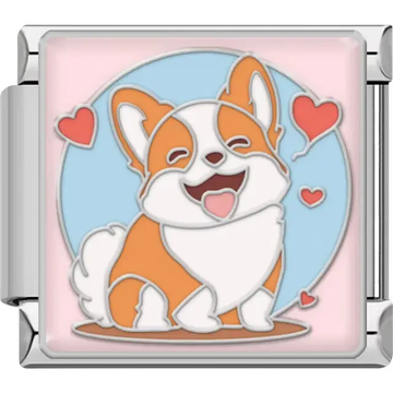 Smiling orange and white corgi dog with pink tongue, surrounded by pink hearts on a blue and pink background Italian charm bracelet link