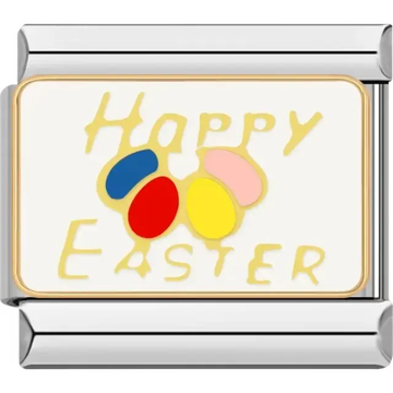 "Happy Easter" text with red blue yellow and pink Easter eggs Italian charm bracelet link
