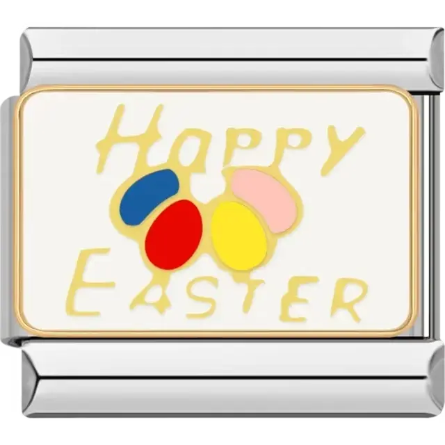 "Happy Easter" text with red blue yellow and pink Easter eggs Italian charm bracelet link