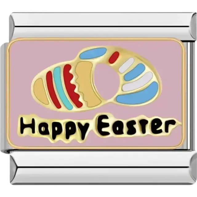 Colorful Easter egg design with "Happy Easter" text on a pink background Italian charm bracelet link