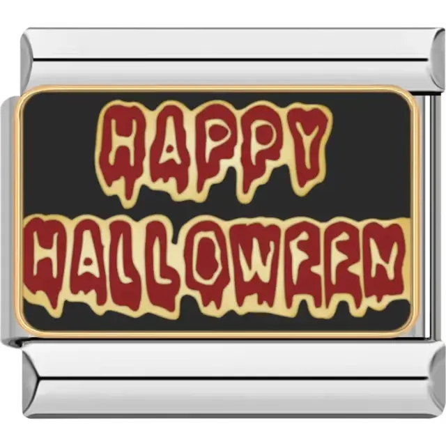 "Happy Halloween" text in a spooky red and gold design on a black background Italian charm bracelet link