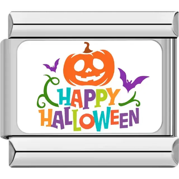 "Happy Halloween" with pumpkin and bats Italian charm bracelet link