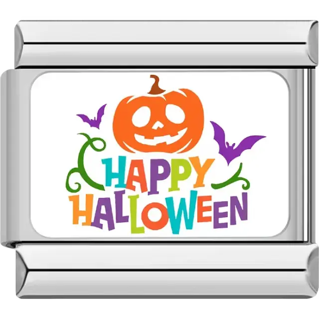 "Happy Halloween" with pumpkin and bats Italian charm bracelet link