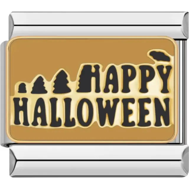"Happy Halloween" text with tree silhouettes and a gold background Italian charm bracelet link