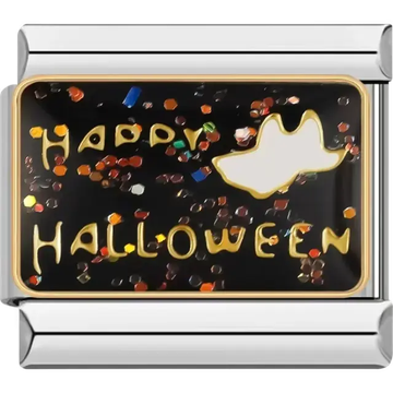 Black background with "Happy Halloween" text gold ghost design and colorful glitter accents Italian charm bracelet link