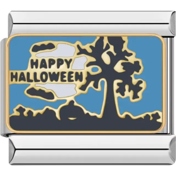 Spooky tree with "Happy Halloween" text on a blue background, accented with gold details Italian charm bracelet link